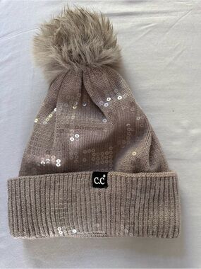 C.C. Taupe Sequin Knit Faux Fur Pom Pom Beanie Hat